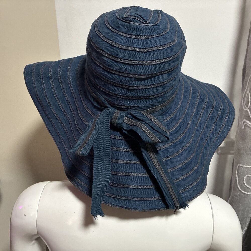 D&Y Sun Hat Wide Brim Floppy Soft Navy Blue Cotton Ribbon Bow Beach Travel - Picture 8 of 13